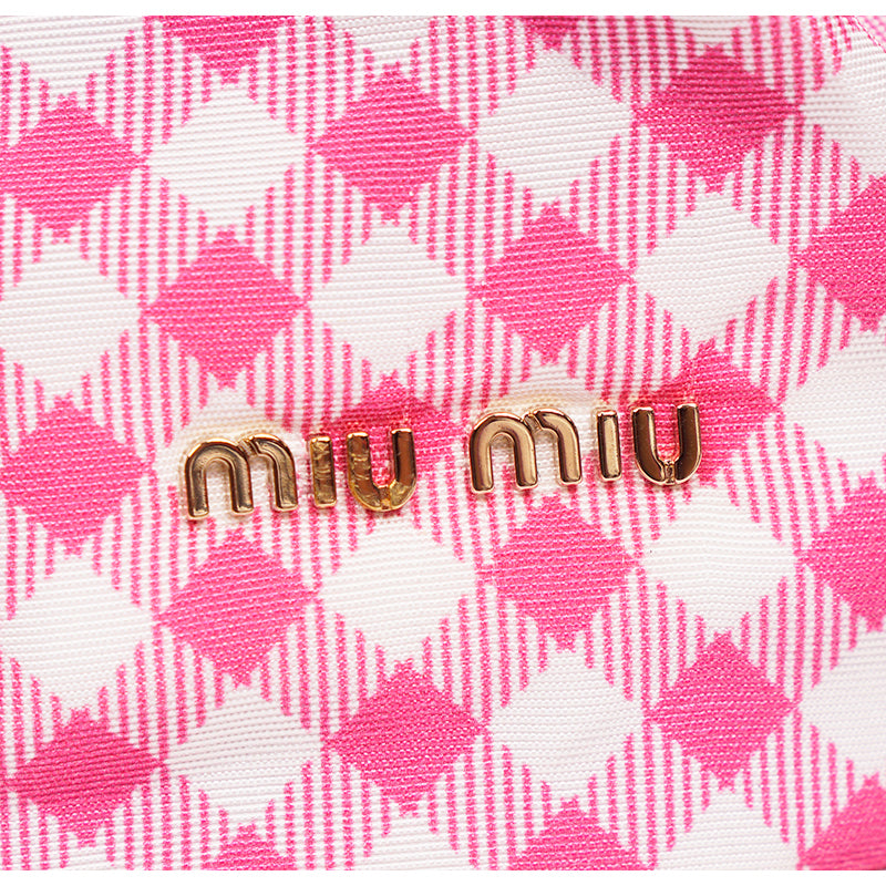 NEW MIU MIU Pink White Gingham CLUB LOGO PATCH Drawstring Small BUCKET BAG NWT