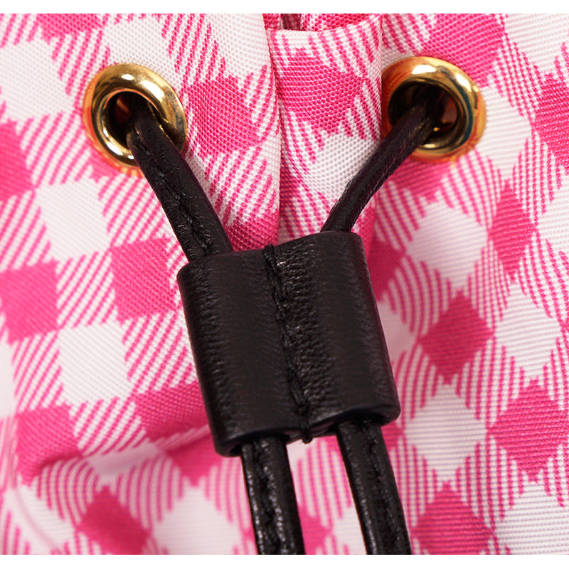 NEW MIU MIU Pink White Gingham CLUB LOGO PATCH Drawstring Small BUCKET BAG NWT