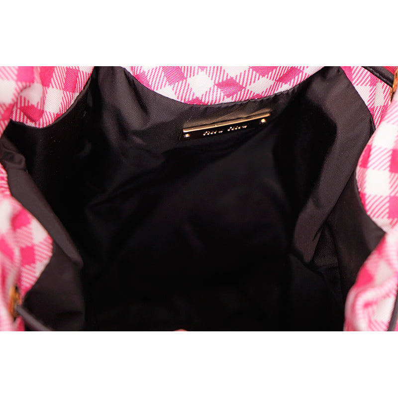 NEW MIU MIU Pink White Gingham CLUB LOGO PATCH Drawstring Small BUCKET BAG NWT