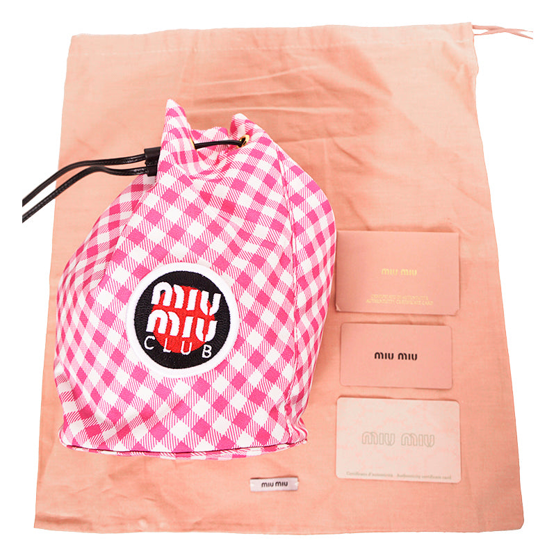 NEW MIU MIU Pink White Gingham CLUB LOGO PATCH Drawstring Small BUCKET BAG NWT