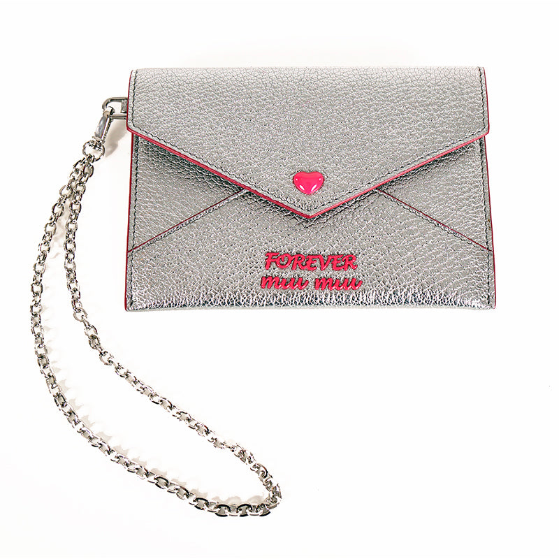 NEW $550 MIU MIU Silver Cromo FOREVER HEART Envelope Madras WRISTLET WALLET NIB