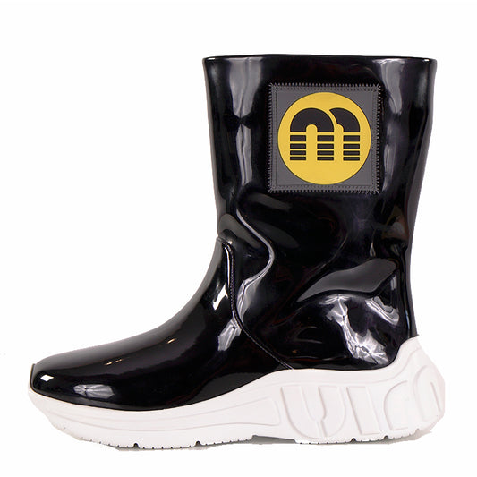 sz 37 NEW $1150 MIU MIU Black Fx Patent RETRO M LOGO Pull On SPORTY RAIN BOOTS 7