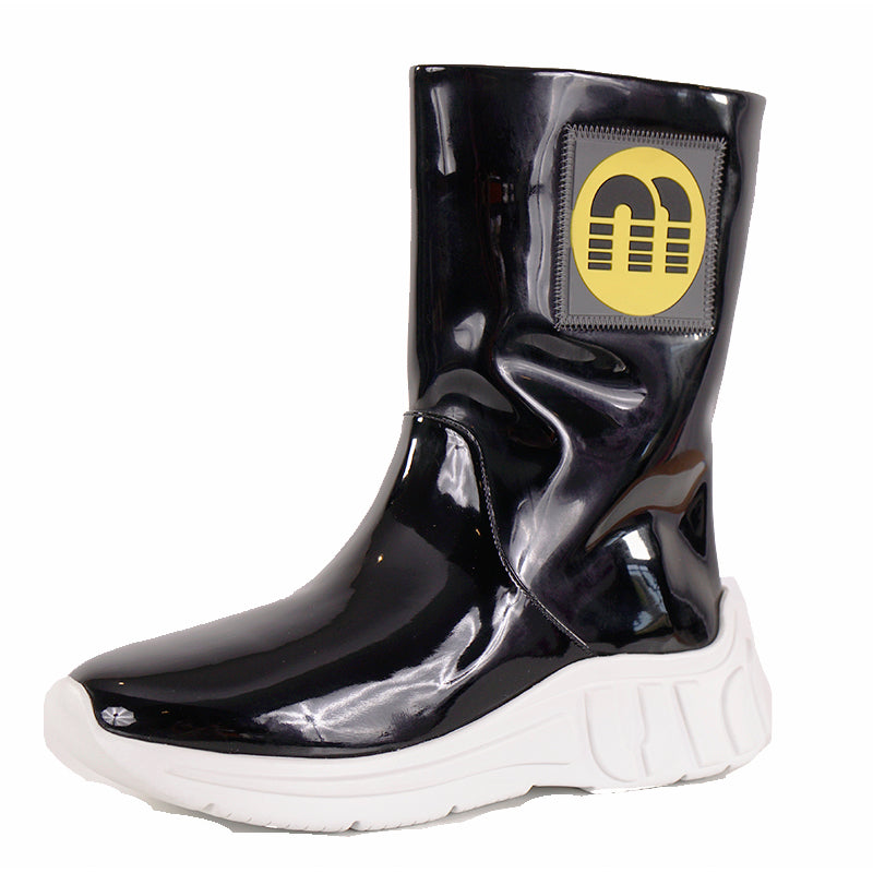 sz 37 NEW $1150 MIU MIU Black Fx Patent RETRO M LOGO Pull On SPORTY RAIN BOOTS 7