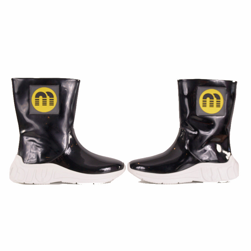 sz 37 NEW $1150 MIU MIU Black Fx Patent RETRO M LOGO Pull On SPORTY RAIN BOOTS 7