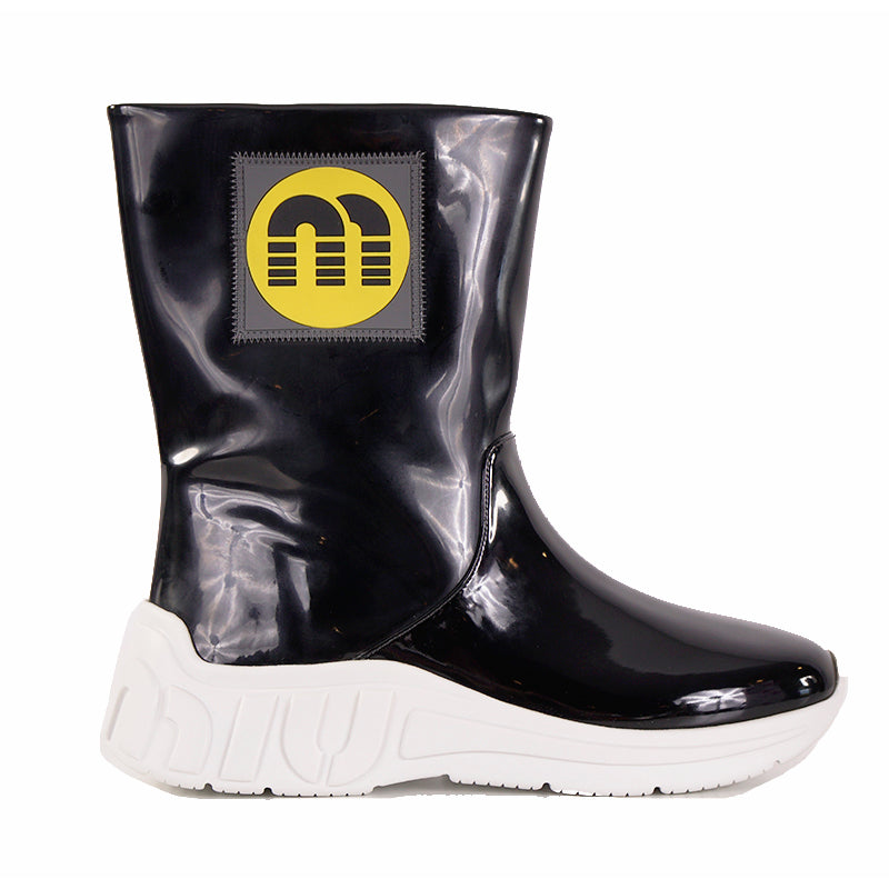 sz 37 NEW $1150 MIU MIU Black Fx Patent RETRO M LOGO Pull On SPORTY RAIN BOOTS 7