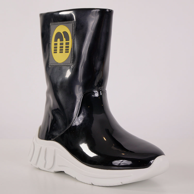 sz 37 NEW $1150 MIU MIU Black Fx Patent RETRO M LOGO Pull On SPORTY RAIN BOOTS 7