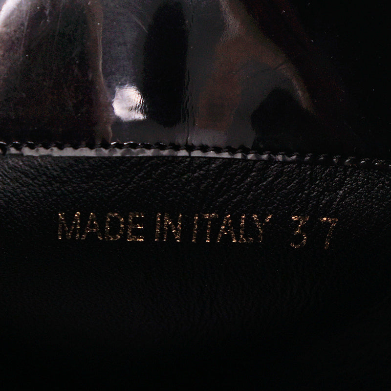 sz 37 NEW $650 MIU MIU Black Faux Patent Leather RETRO M LOGO Pull On Rain BOOTS