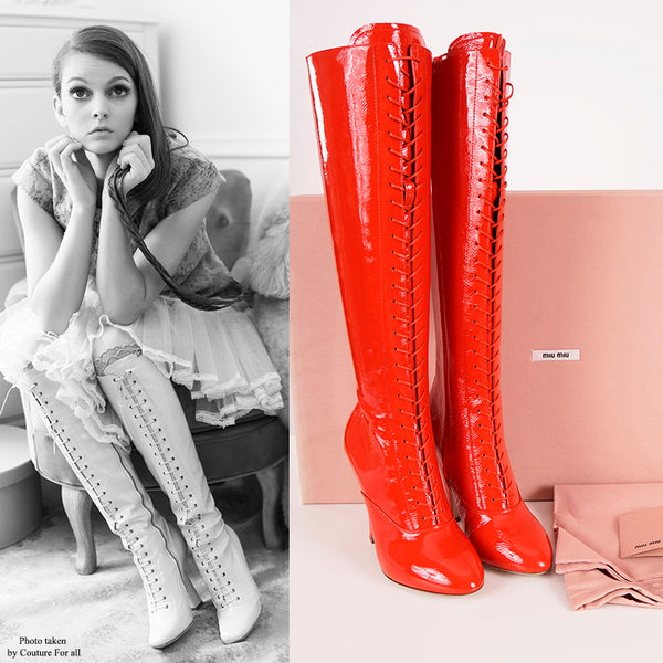 37 NEW $1850 MIU MIU Red PATENT LEATHER Vintage LACE-UP KNEE HIGH Runway BOOTS