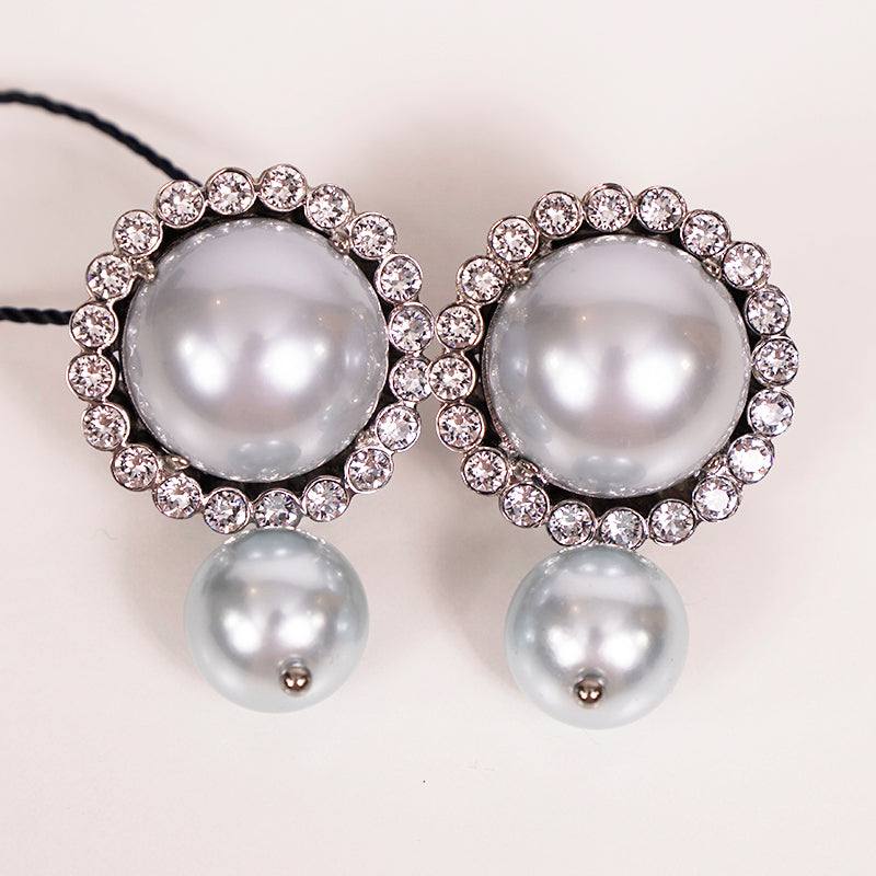 NEW $625 MIU MIU Blue Gray Fx-PEARL & SWAROVSKI CRYSTAL Clip-on Drop EARRINGS