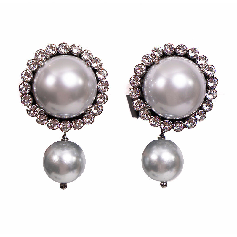 NEW $625 MIU MIU Blue Gray Fx-PEARL & SWAROVSKI CRYSTAL Clip-on Drop EARRINGS