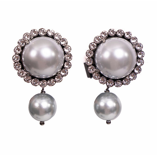 NEW $625 MIU MIU Blue Gray Fx-PEARL & SWAROVSKI CRYSTAL Clip-on Drop EARRINGS