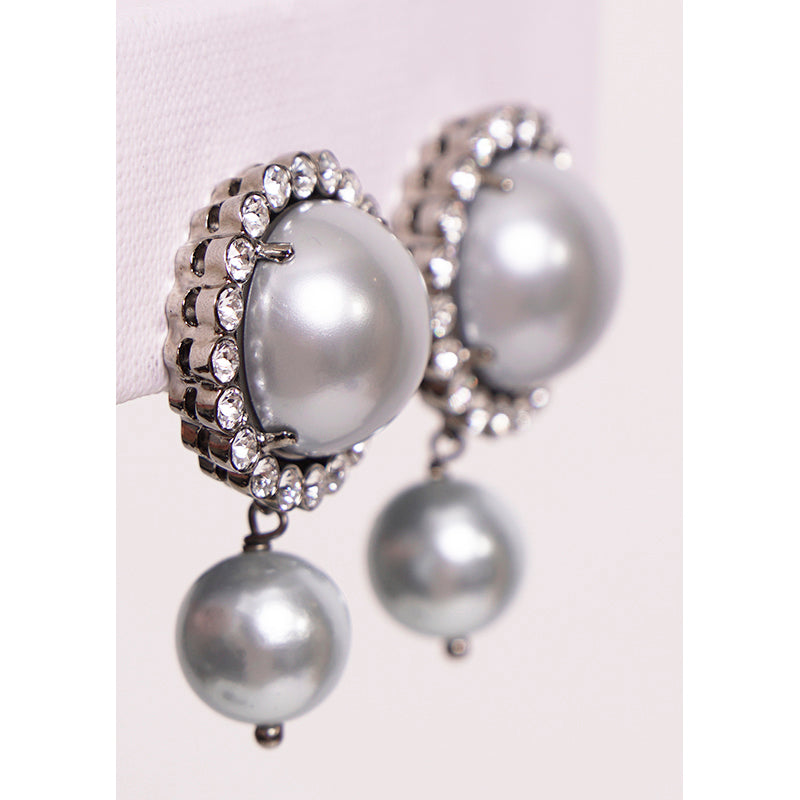 NEW $625 MIU MIU Blue Gray Fx-PEARL & SWAROVSKI CRYSTAL Clip-on Drop EARRINGS