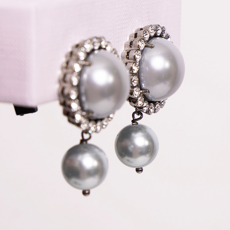 NEW $625 MIU MIU Blue Gray Fx-PEARL & SWAROVSKI CRYSTAL Clip-on Drop EARRINGS
