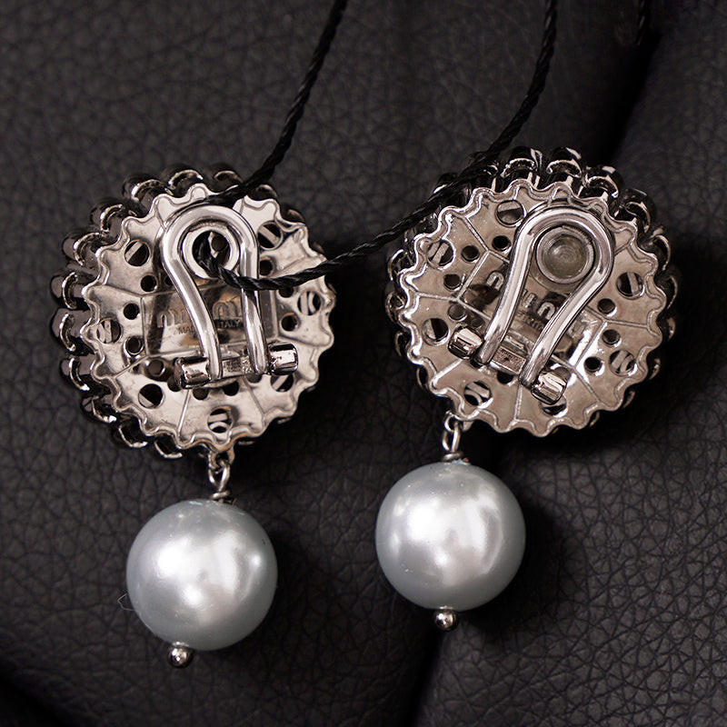 NEW $625 MIU MIU Blue Gray Fx-PEARL & SWAROVSKI CRYSTAL Clip-on Drop EARRINGS