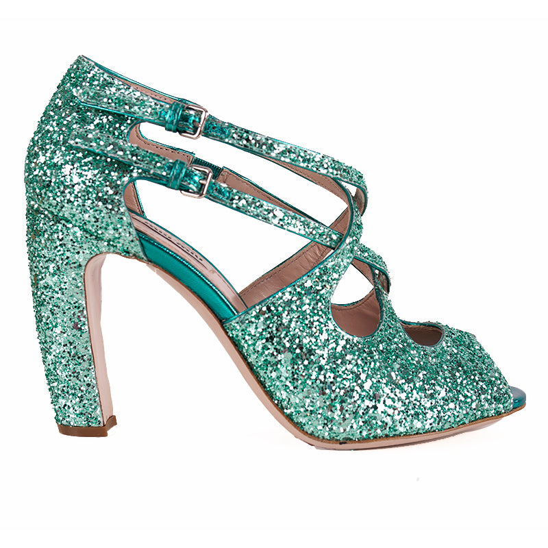 36.5 & 38.5 NEW $850 MIU MIU Aqua GLITTER 15 Strappy HIGH HEEL SANDALS