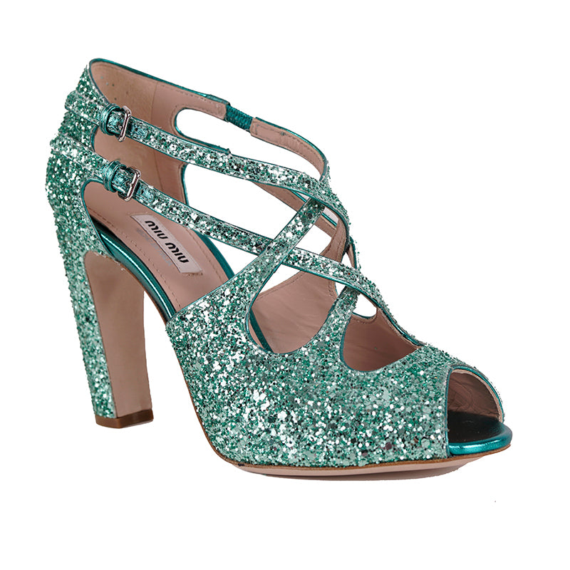 36.5 & 38.5 NEW $850 MIU MIU Aqua GLITTER 15 Strappy HIGH HEEL SANDALS
