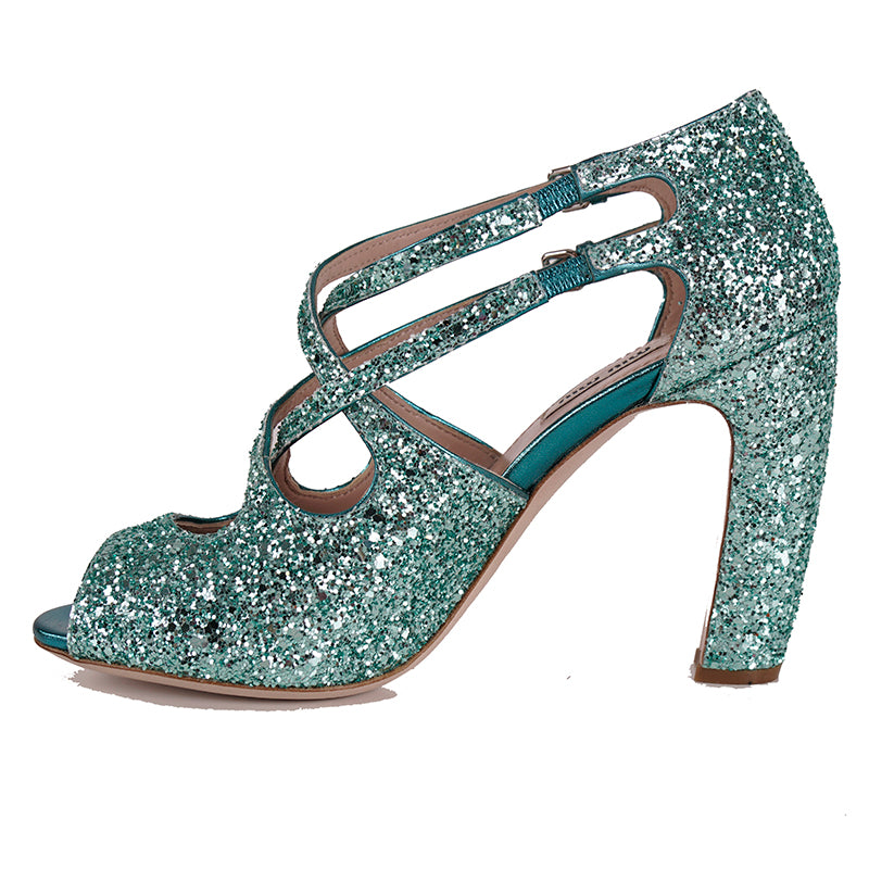 36.5 & 38.5 NEW $850 MIU MIU Aqua GLITTER 15 Strappy HIGH HEEL SANDALS