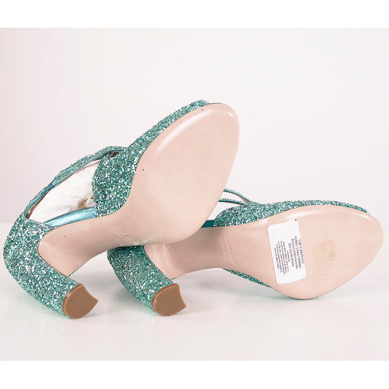 36.5 & 38.5 NEW $850 MIU MIU Aqua GLITTER 15 Strappy HIGH HEEL SANDALS