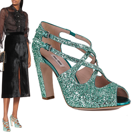 36.5 & 38.5 NEW $850 MIU MIU Aqua GLITTER 15 Strappy HIGH HEEL SANDALS