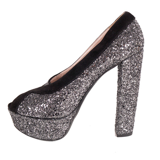 39.5 & 40 NEW $890 MIU MIU Gray Glitter Platform Peep Toe Heels with Black Suede Trim