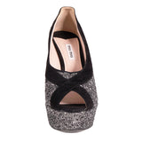 39.5 & 40 NEW $890 MIU MIU Gray Glitter Platform Peep Toe Heels with Black Suede Trim