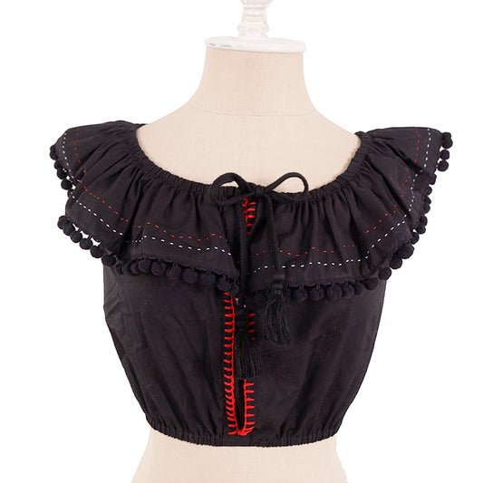 sz 38 NEW $835 MIU MIU Black Cotton Poplin POMPOM TRIMMED Blouse CROPPED TOP XS