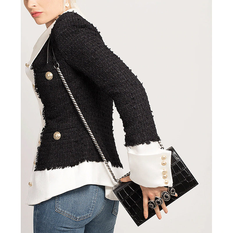 NEW $2395 ALEXANDER MCQUEEN Black Croc Embossed JEWELED KNUCKLE Chain FLAP BAG