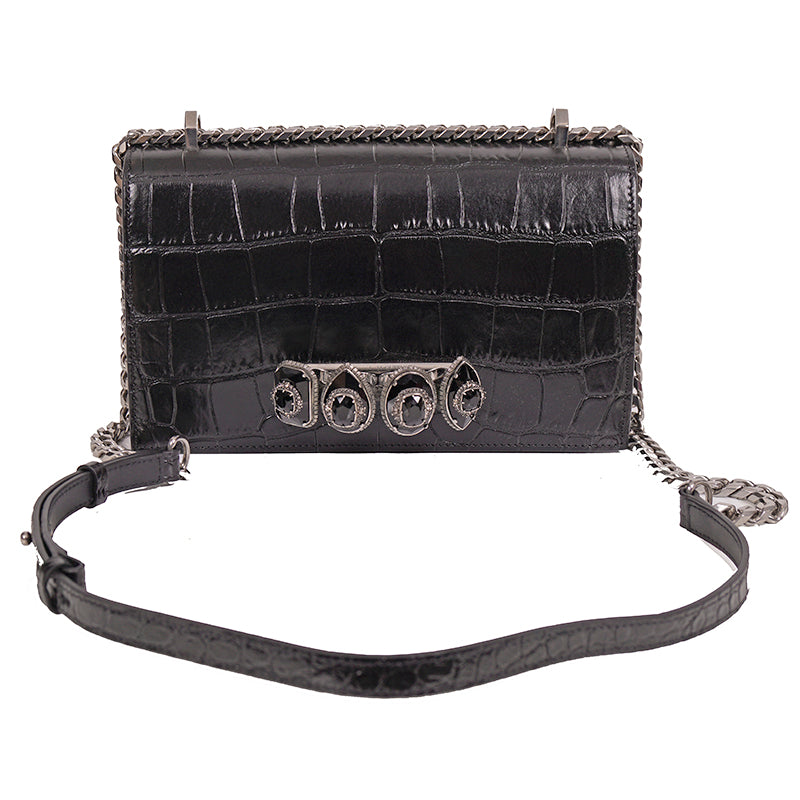 NEW $2395 ALEXANDER MCQUEEN Black Croc Embossed JEWELED KNUCKLE Chain FLAP BAG