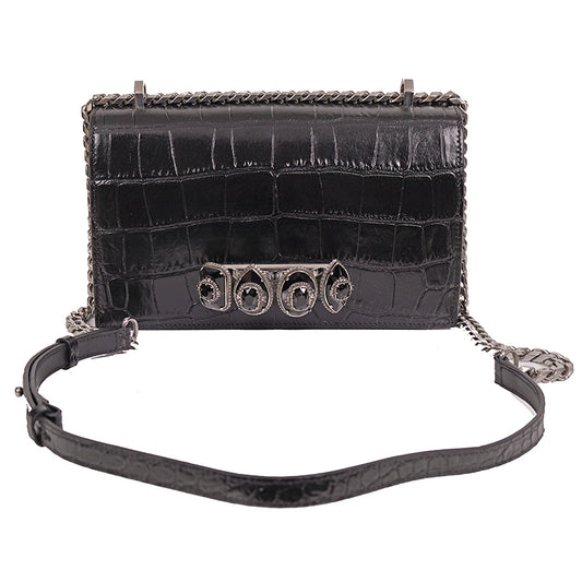 NEW $2395 ALEXANDER MCQUEEN Black Croc Embossed JEWELED KNUCKLE Chain FLAP BAG