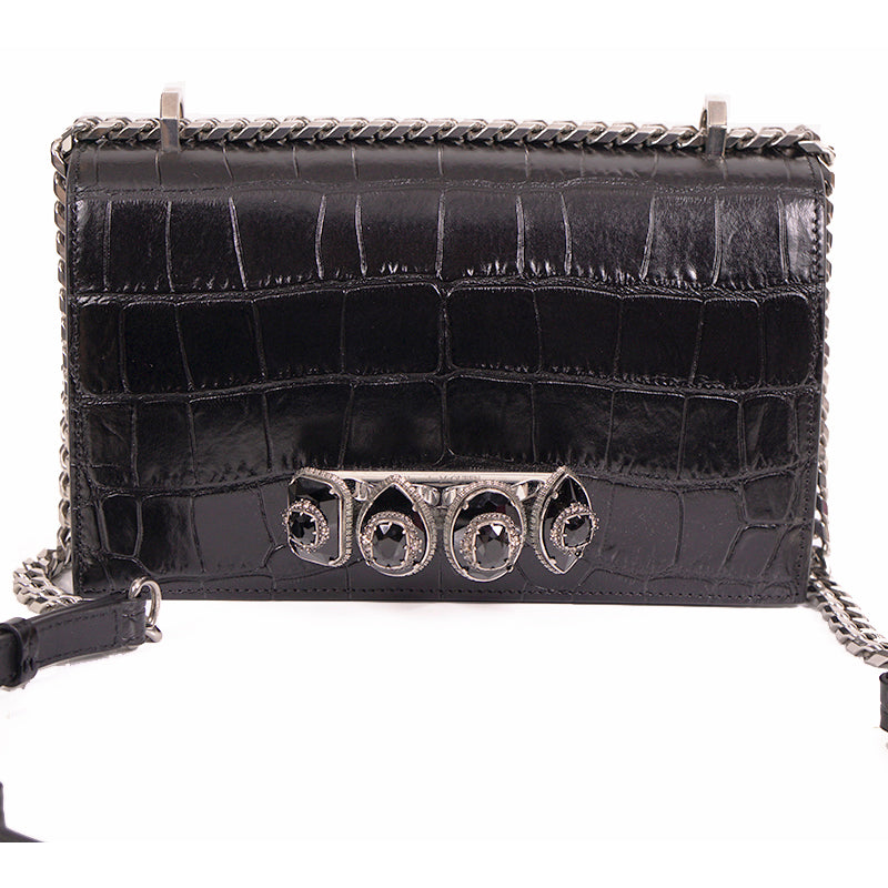 NEW $2395 ALEXANDER MCQUEEN Black Croc Embossed JEWELED KNUCKLE Chain FLAP BAG