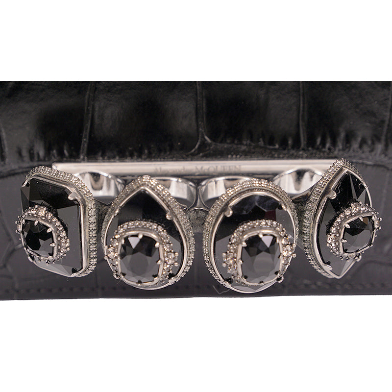 NEW $2395 ALEXANDER MCQUEEN Black Croc Embossed JEWELED KNUCKLE Chain FLAP BAG