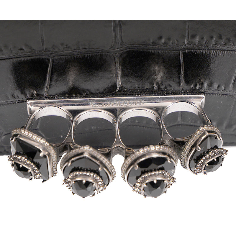 NEW $2395 ALEXANDER MCQUEEN Black Croc Embossed JEWELED KNUCKLE Chain FLAP BAG