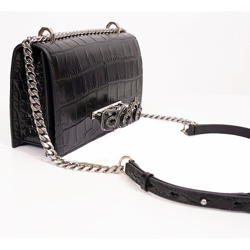 NEW $2395 ALEXANDER MCQUEEN Black Croc Embossed JEWELED KNUCKLE Chain FLAP BAG