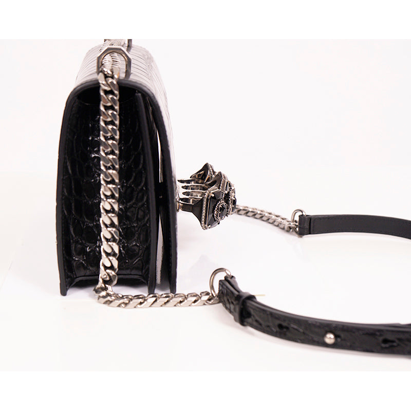 NEW $2395 ALEXANDER MCQUEEN Black Croc Embossed JEWELED KNUCKLE Chain FLAP BAG