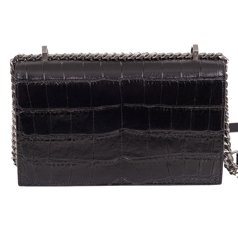 NEW $2395 ALEXANDER MCQUEEN Black Croc Embossed JEWELED KNUCKLE Chain FLAP BAG