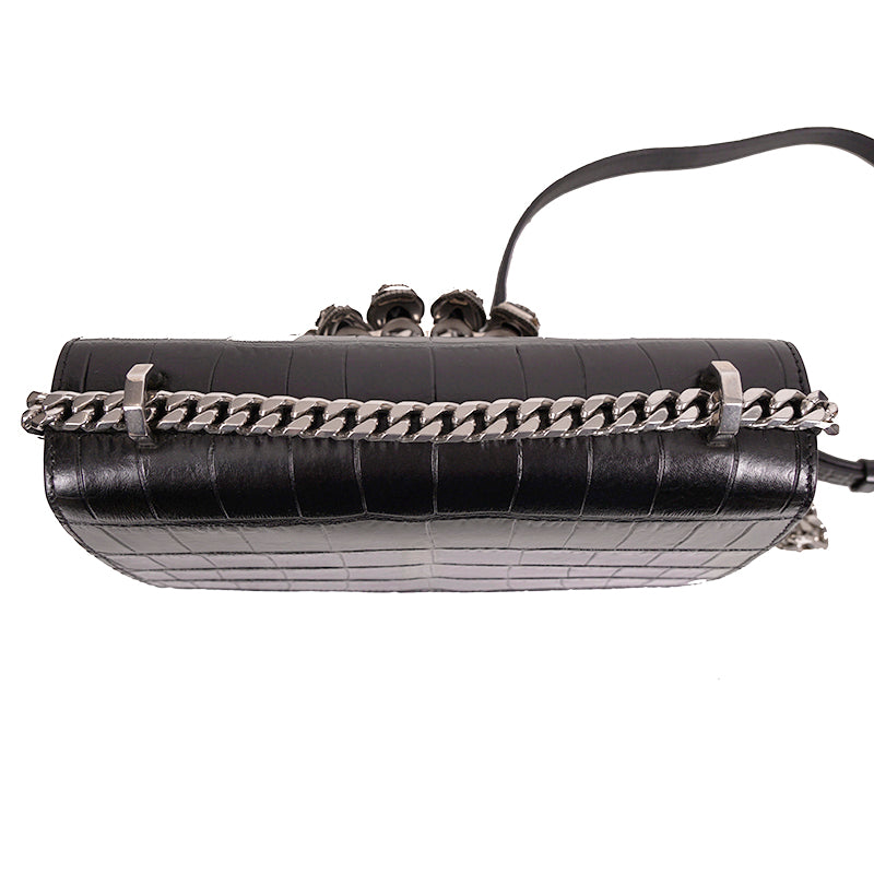 NEW $2395 ALEXANDER MCQUEEN Black Croc Embossed JEWELED KNUCKLE Chain FLAP BAG