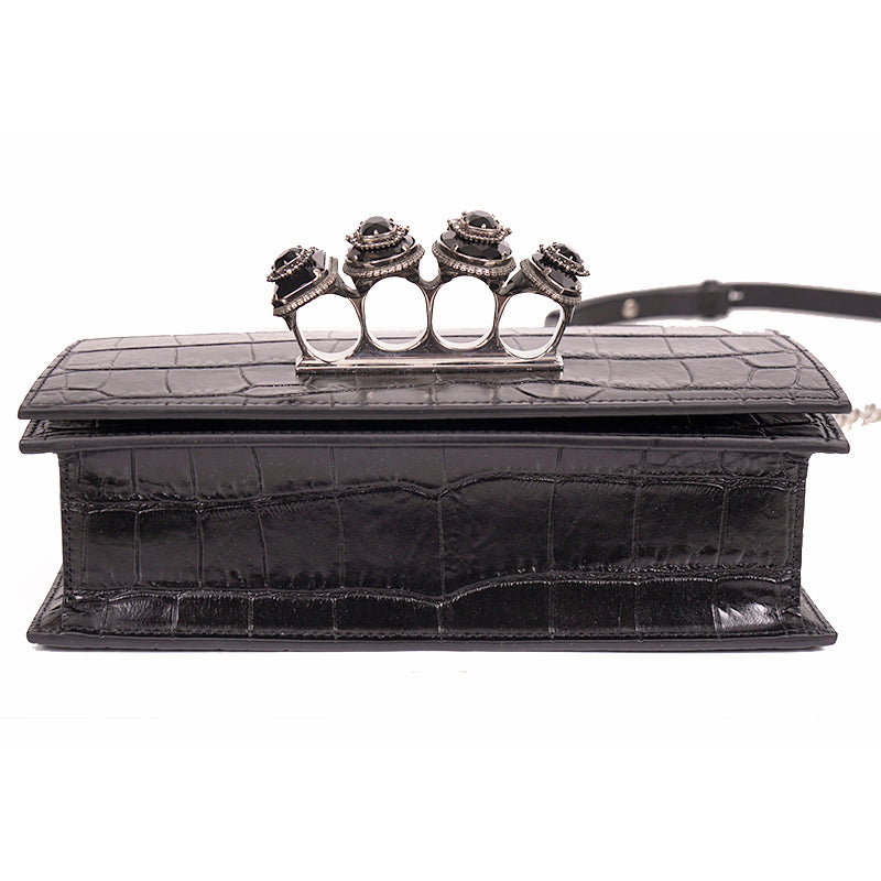 NEW $2395 ALEXANDER MCQUEEN Black Croc Embossed JEWELED KNUCKLE Chain FLAP BAG