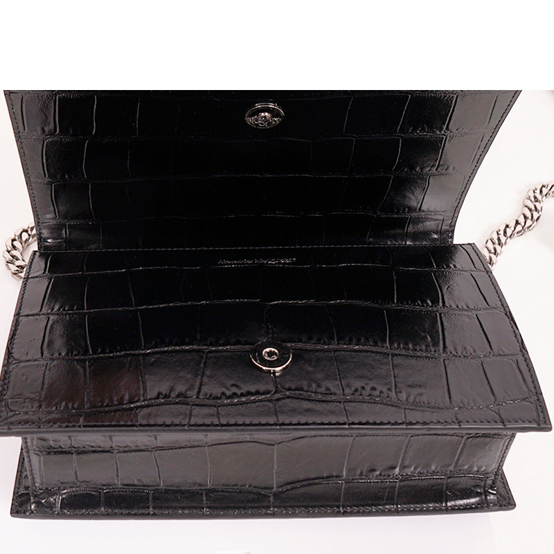 NEW $2395 ALEXANDER MCQUEEN Black Croc Embossed JEWELED KNUCKLE Chain FLAP BAG