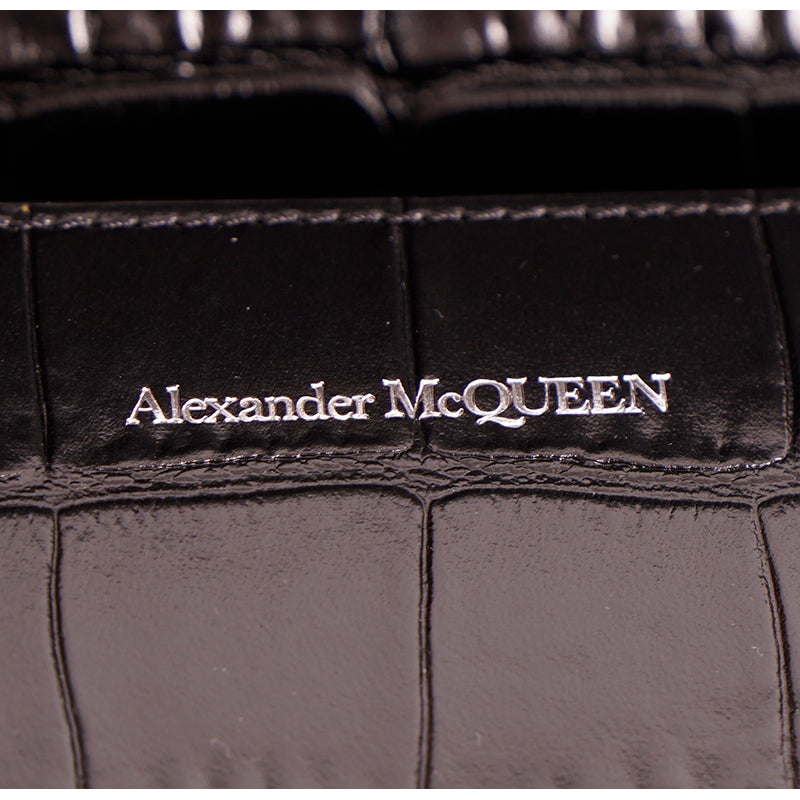 NEW $2395 ALEXANDER MCQUEEN Black Croc Embossed JEWELED KNUCKLE Chain FLAP BAG