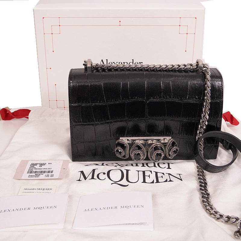 NEW $2395 ALEXANDER MCQUEEN Black Croc Embossed JEWELED KNUCKLE Chain FLAP BAG