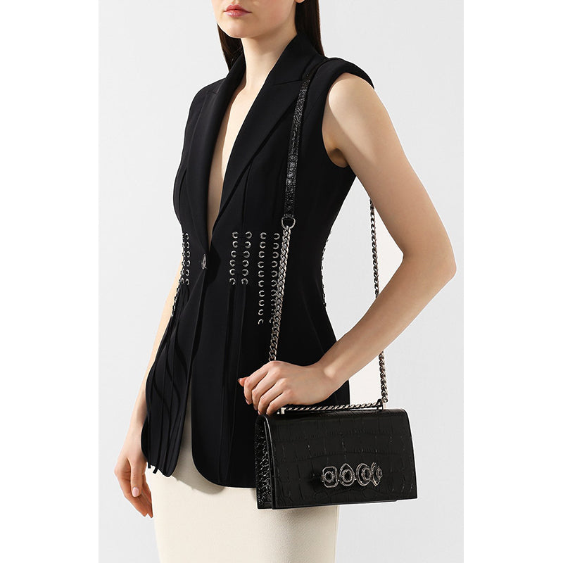 NEW $2395 ALEXANDER MCQUEEN Black Croc Embossed JEWELED KNUCKLE Chain FLAP BAG