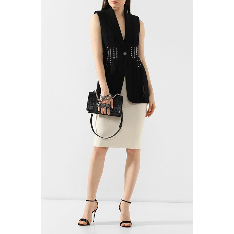 NEW $2395 ALEXANDER MCQUEEN Black Croc Embossed JEWELED KNUCKLE Chain FLAP BAG