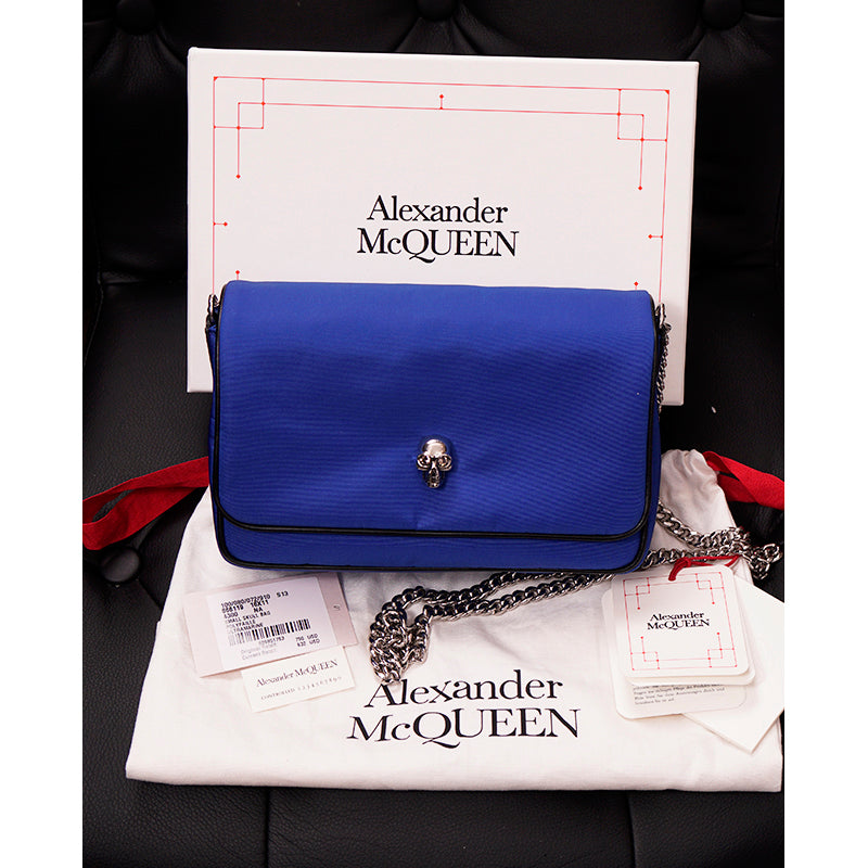 NEW $790 ALEXANDER MCQUEEN Ultramarine Blue Nylon CRYSTAL SKULL Camera Flap BAG