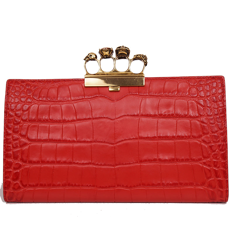 NEW $2390 ALEXANDER MCQUEEN Scarlett Red GOLD JEWELED KNUCKLE 4 Ring SKULL BAG
