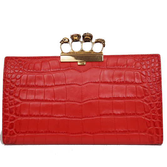 NEW $2390 ALEXANDER MCQUEEN Scarlett Red GOLD JEWELED KNUCKLE 4 Ring SKULL BAG