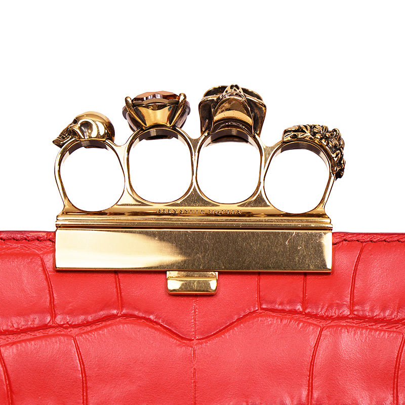 NEW $2390 ALEXANDER MCQUEEN Scarlett Red GOLD JEWELED KNUCKLE 4 Ring SKULL BAG