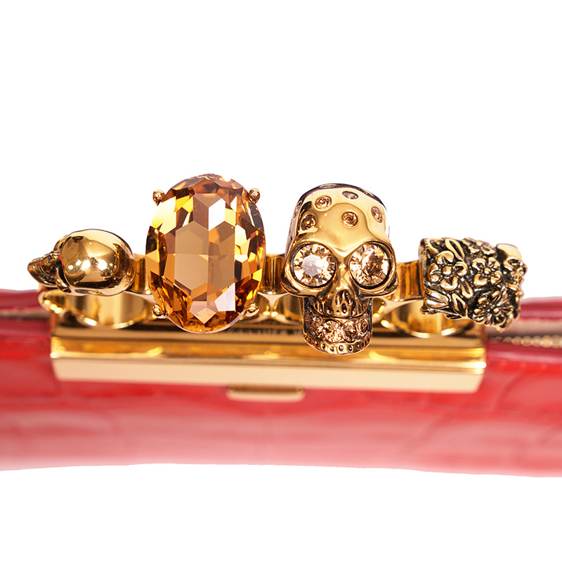 NEW $2390 ALEXANDER MCQUEEN Scarlett Red GOLD JEWELED KNUCKLE 4 Ring SKULL BAG