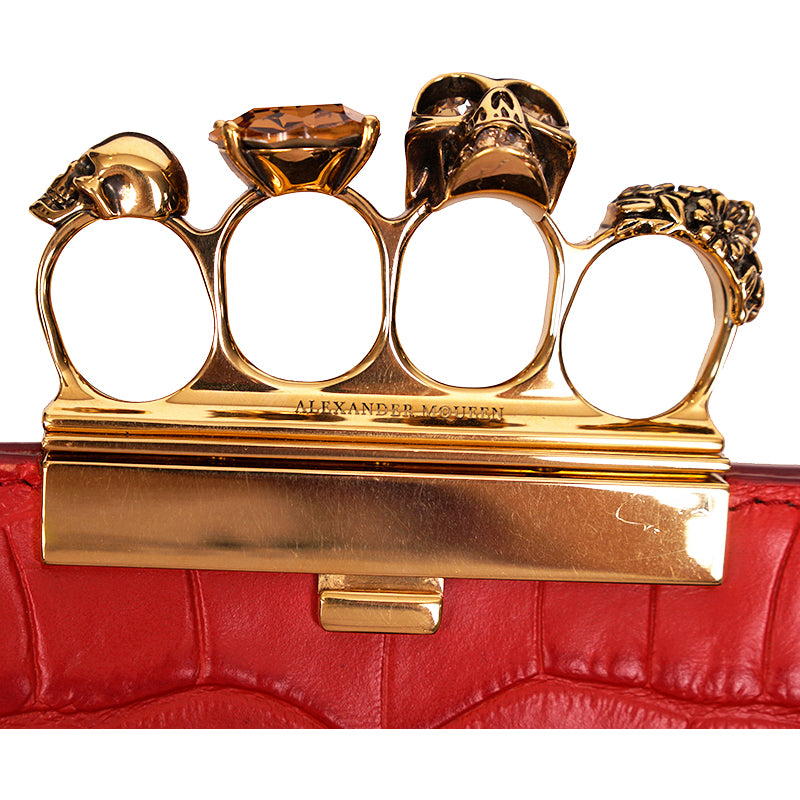 NEW $2390 ALEXANDER MCQUEEN Scarlett Red GOLD JEWELED KNUCKLE 4 Ring SKULL BAG
