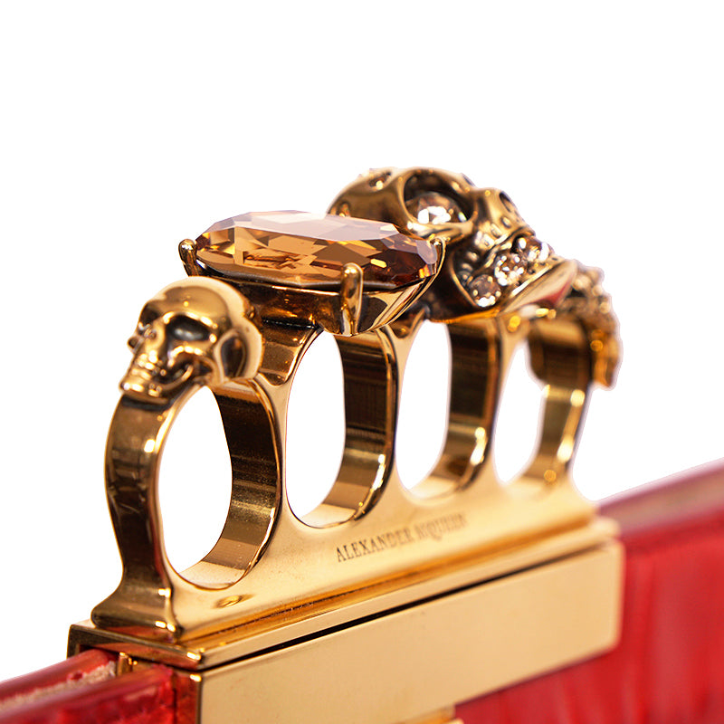 NEW $2390 ALEXANDER MCQUEEN Scarlett Red GOLD JEWELED KNUCKLE 4 Ring SKULL BAG