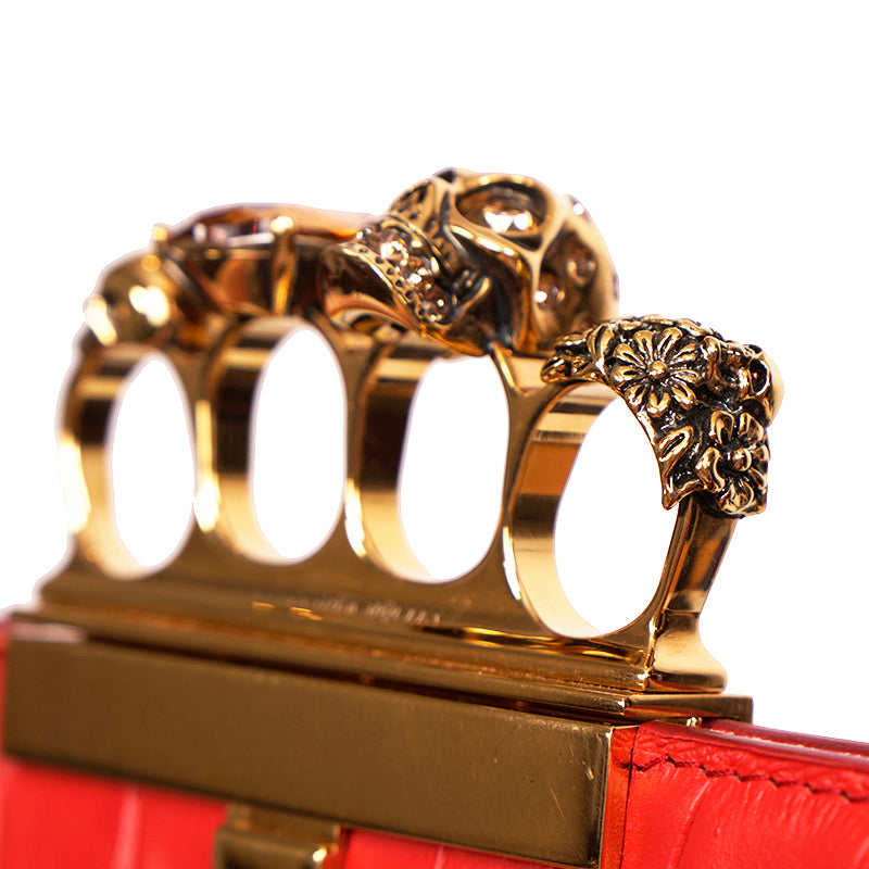 NEW $2390 ALEXANDER MCQUEEN Scarlett Red GOLD JEWELED KNUCKLE 4 Ring SKULL BAG